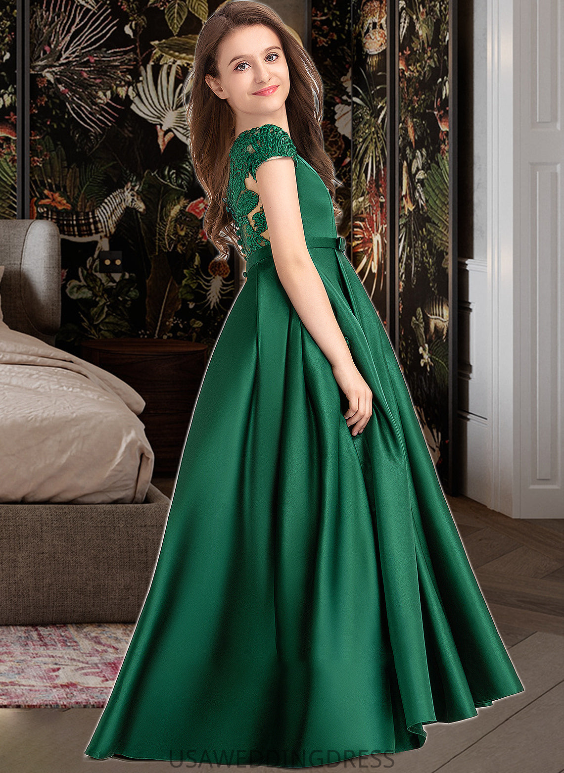 Nathalia Ball-Gown/Princess Scoop Neck Floor-Length Satin Lace Junior Bridesmaid Dress With Bow(s) Pockets DSP0013311