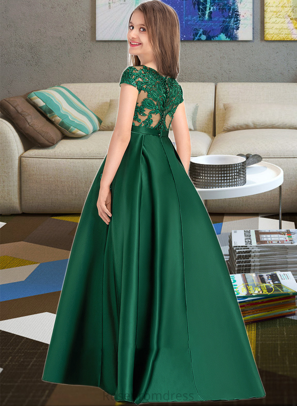 Martha Ball-Gown/Princess Scoop Neck Floor-Length Satin Lace Junior Bridesmaid Dress With Bow(s) Pockets SRSP0013311