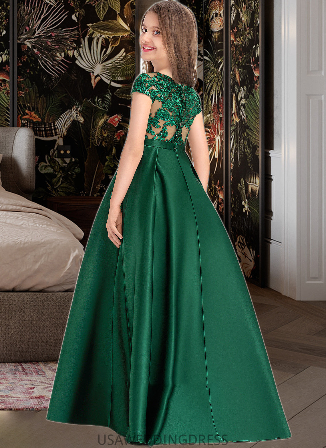 Nathalia Ball-Gown/Princess Scoop Neck Floor-Length Satin Lace Junior Bridesmaid Dress With Bow(s) Pockets DSP0013311