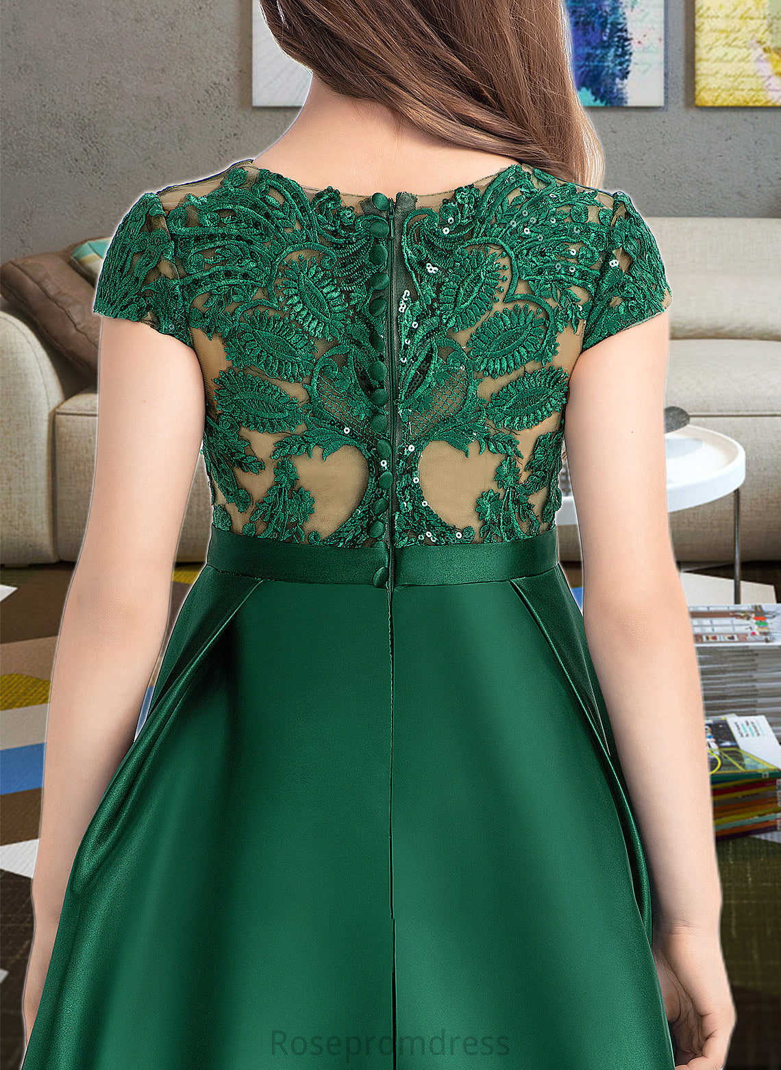 Martha Ball-Gown/Princess Scoop Neck Floor-Length Satin Lace Junior Bridesmaid Dress With Bow(s) Pockets SRSP0013311