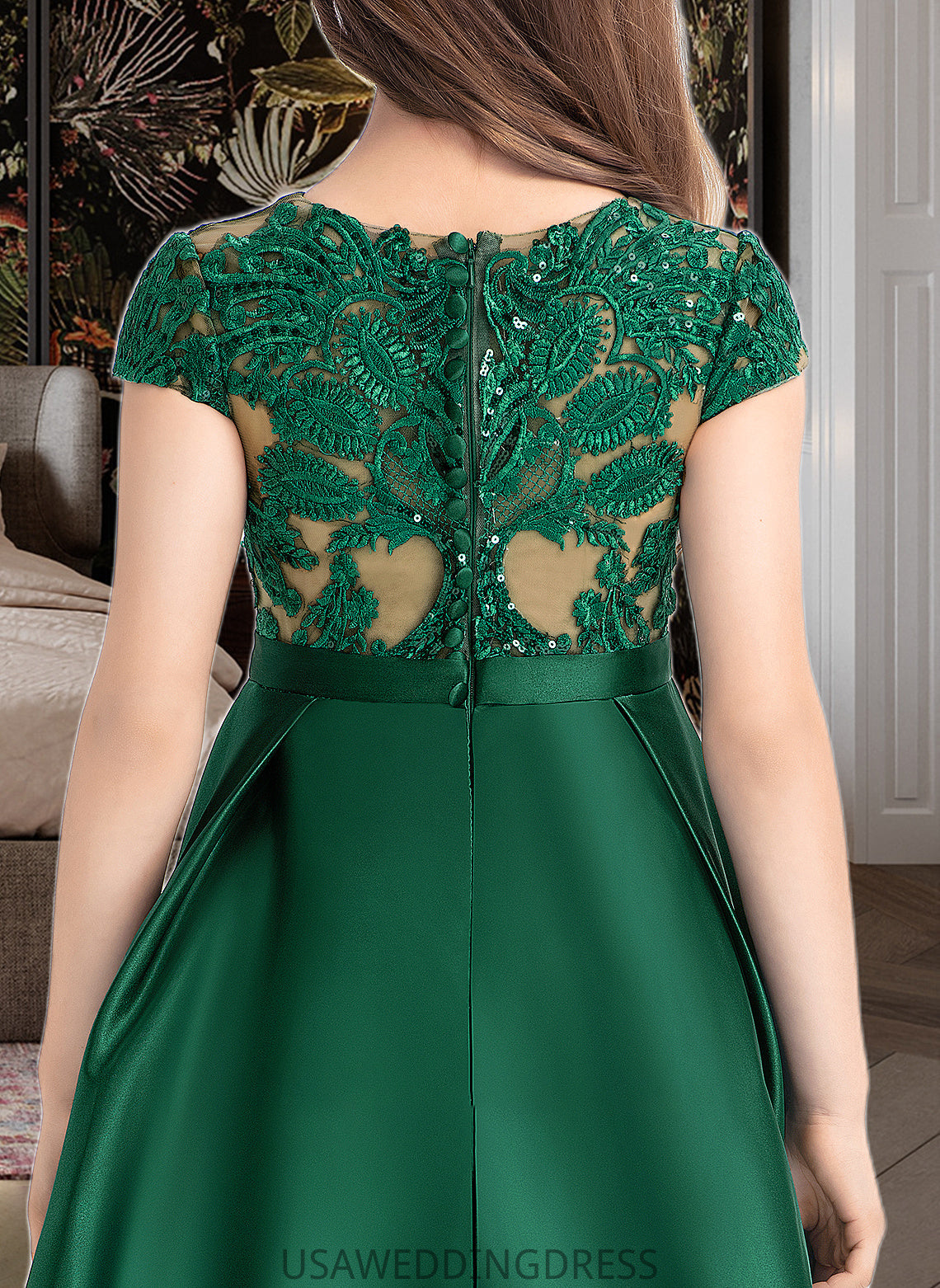 Nathalia Ball-Gown/Princess Scoop Neck Floor-Length Satin Lace Junior Bridesmaid Dress With Bow(s) Pockets DSP0013311