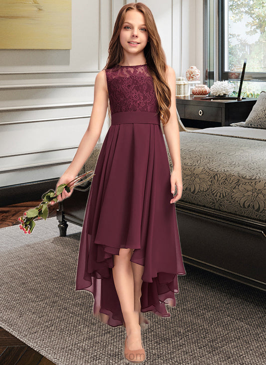 Myah A-Line Scoop Neck Asymmetrical Chiffon Lace Junior Bridesmaid Dress With Bow(s) SRSP0013312