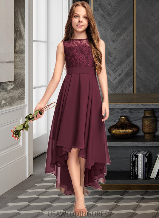 Myah A-Line Scoop Neck Asymmetrical Chiffon Lace Junior Bridesmaid Dress With Bow(s) DSP0013312