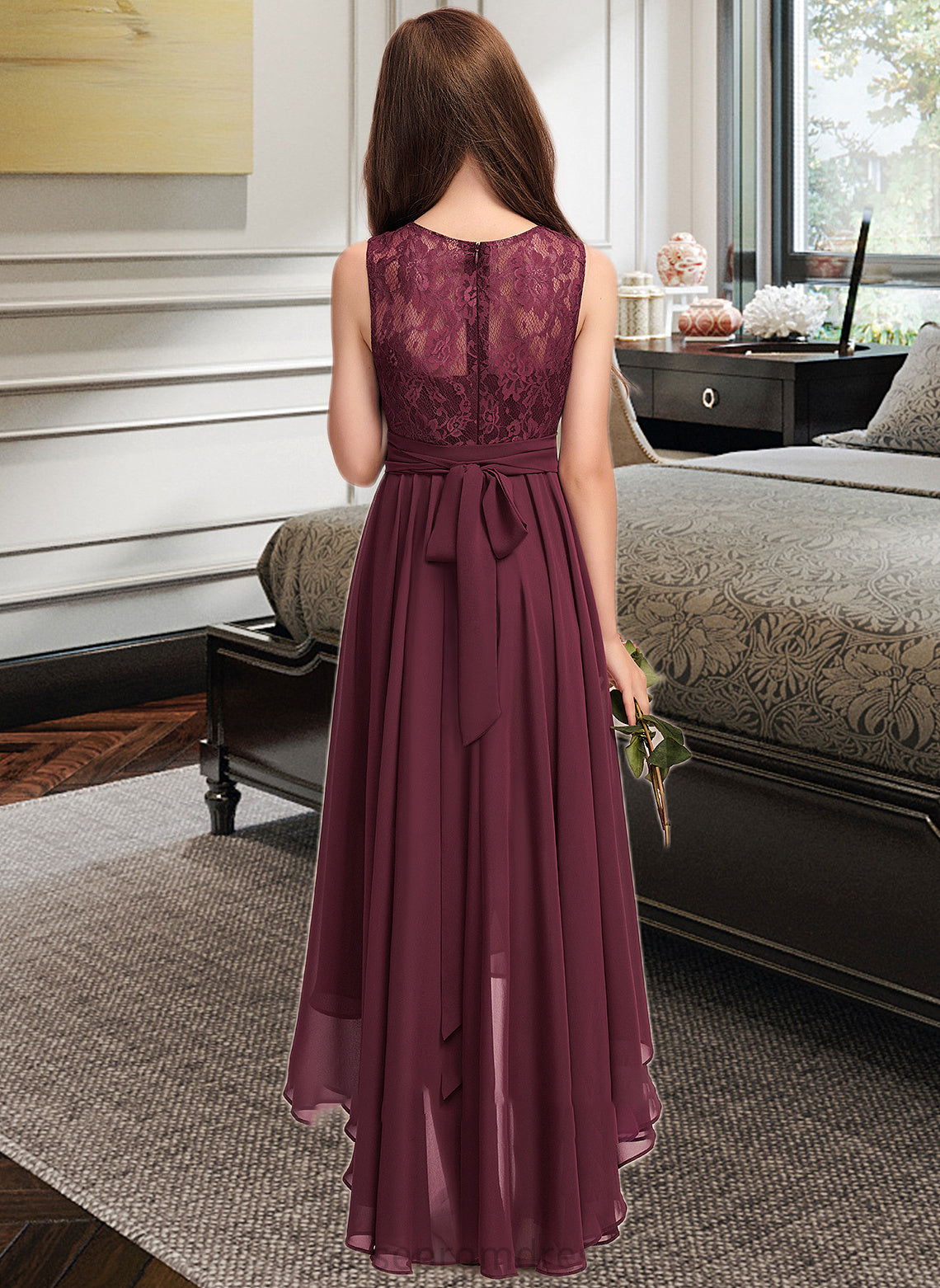 Myah A-Line Scoop Neck Asymmetrical Chiffon Lace Junior Bridesmaid Dress With Bow(s) SRSP0013312