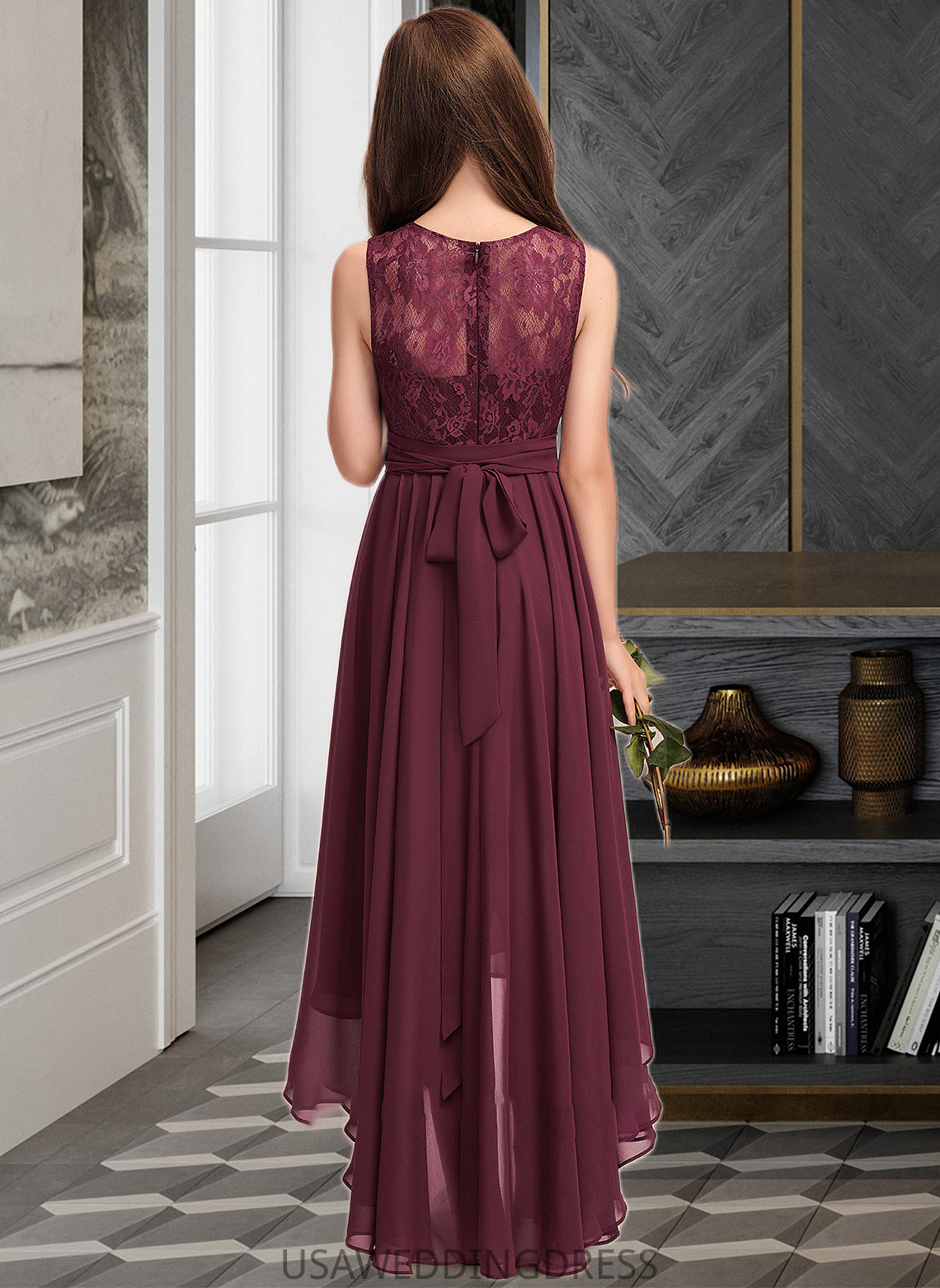 Myah A-Line Scoop Neck Asymmetrical Chiffon Lace Junior Bridesmaid Dress With Bow(s) DSP0013312