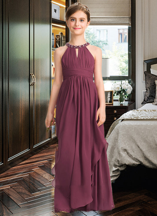 Gwendolyn A-Line Scoop Neck Floor-Length Chiffon Junior Bridesmaid Dress With Ruffle Beading SRSP0013313