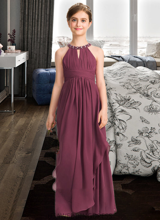 Tamia A-Line Scoop Neck Floor-Length Chiffon Junior Bridesmaid Dress With Ruffle Beading DSP0013313