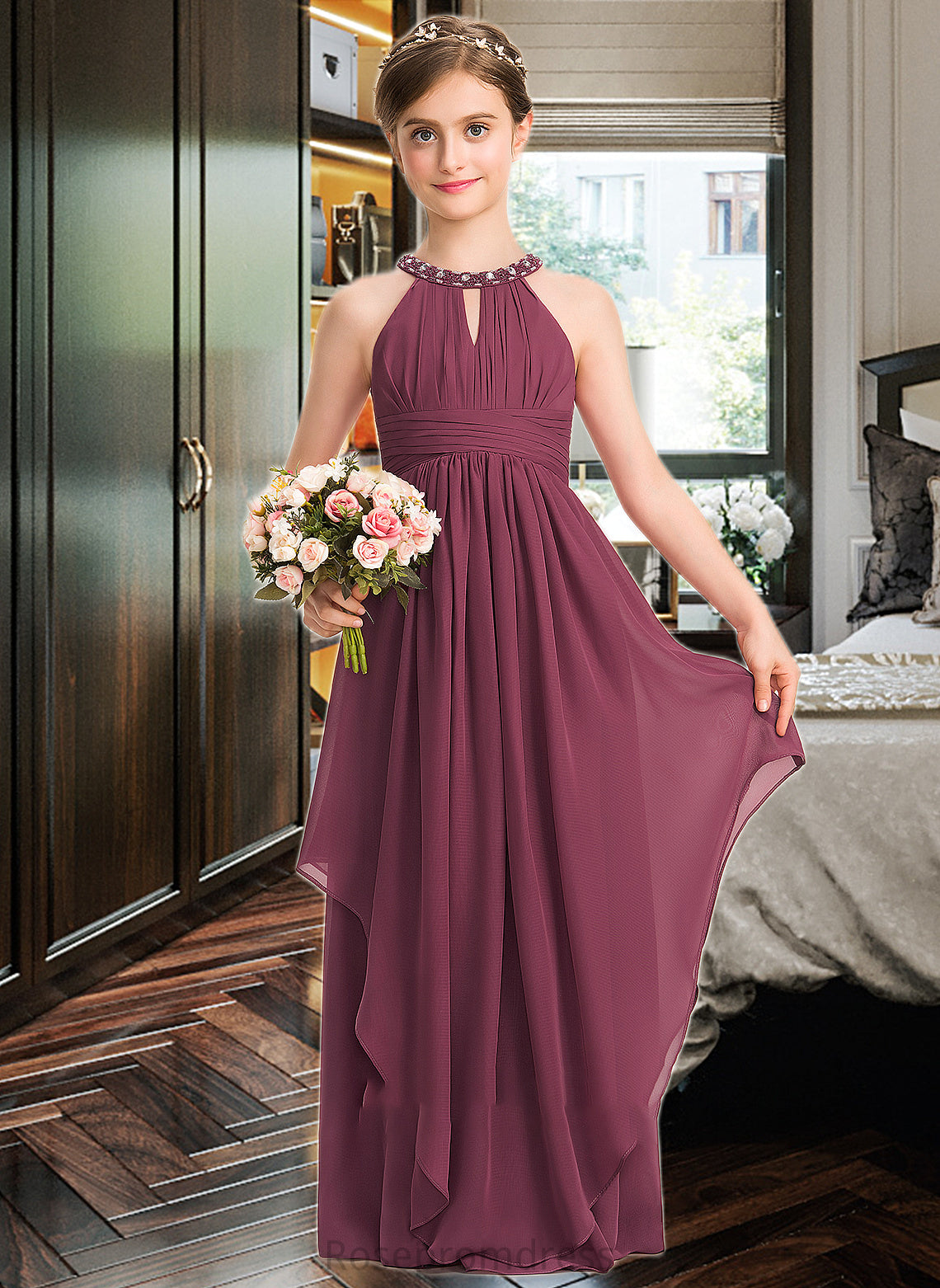 Gwendolyn A-Line Scoop Neck Floor-Length Chiffon Junior Bridesmaid Dress With Ruffle Beading SRSP0013313