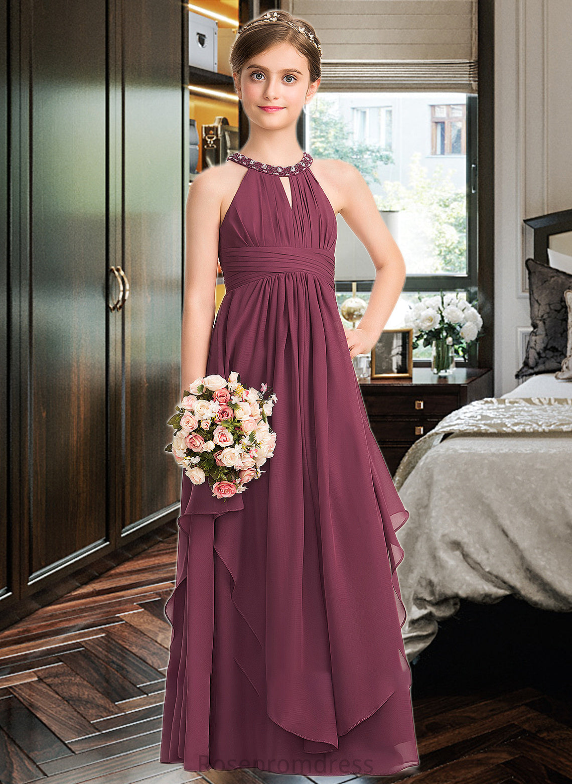 Gwendolyn A-Line Scoop Neck Floor-Length Chiffon Junior Bridesmaid Dress With Ruffle Beading SRSP0013313