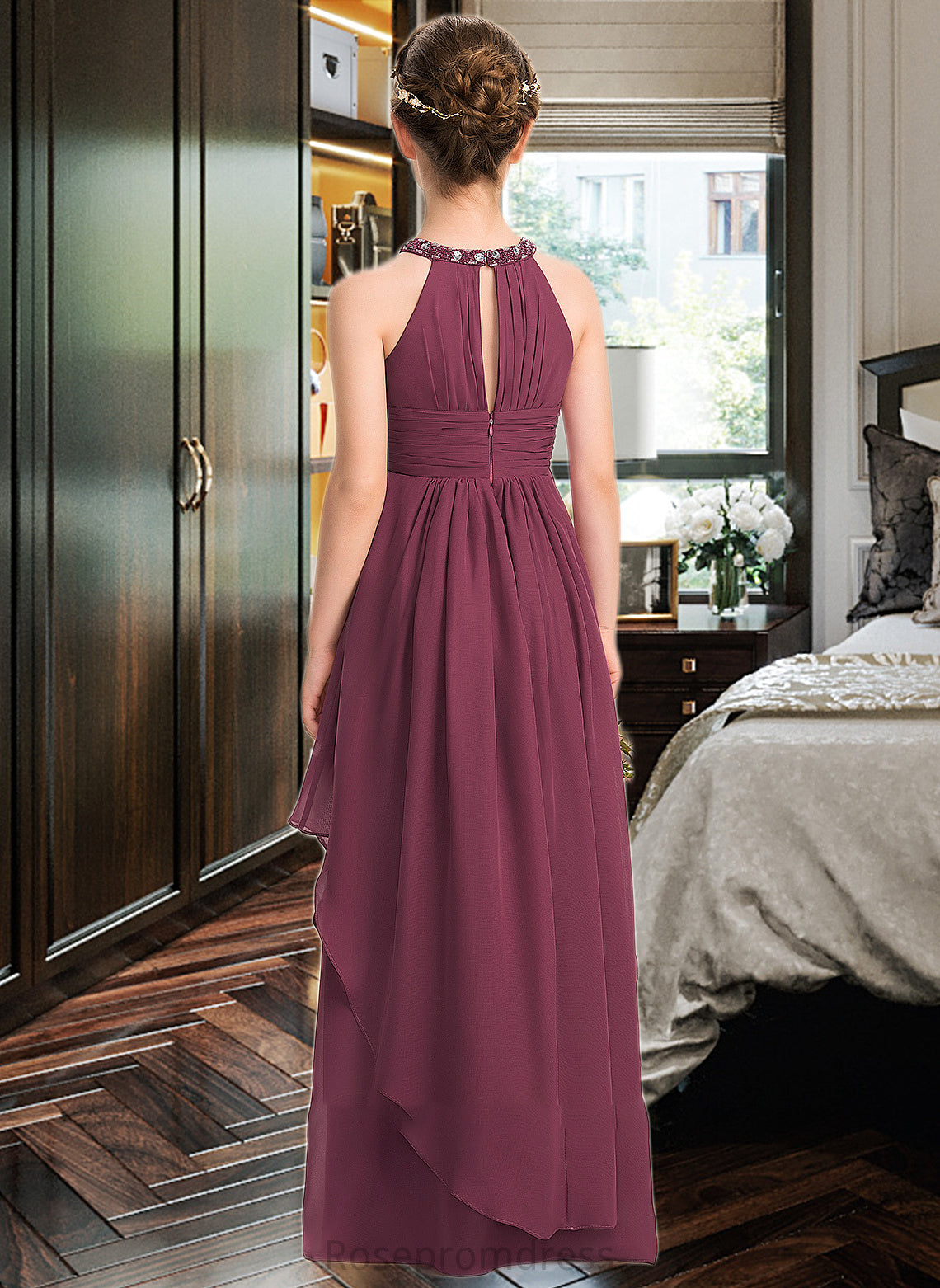 Gwendolyn A-Line Scoop Neck Floor-Length Chiffon Junior Bridesmaid Dress With Ruffle Beading SRSP0013313