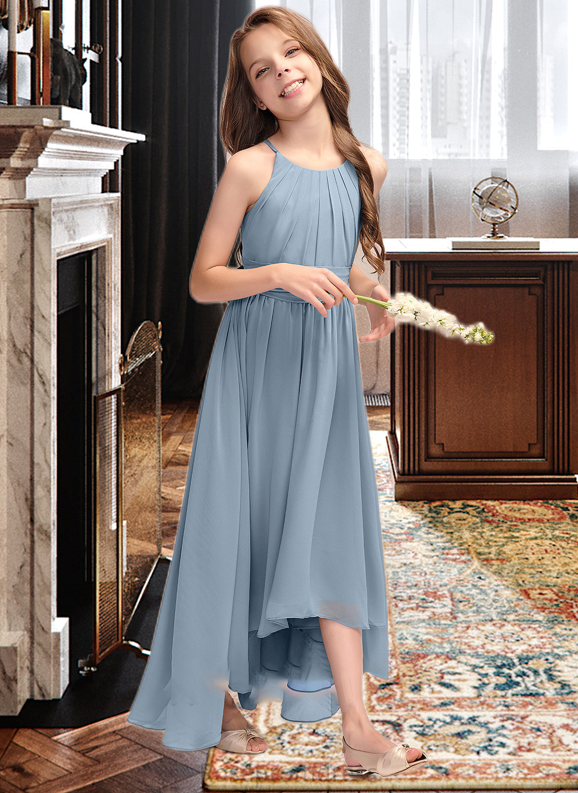 Athena A-Line Scoop Neck Asymmetrical Chiffon Junior Bridesmaid Dress With Ruffle Bow(s) SRSP0013314