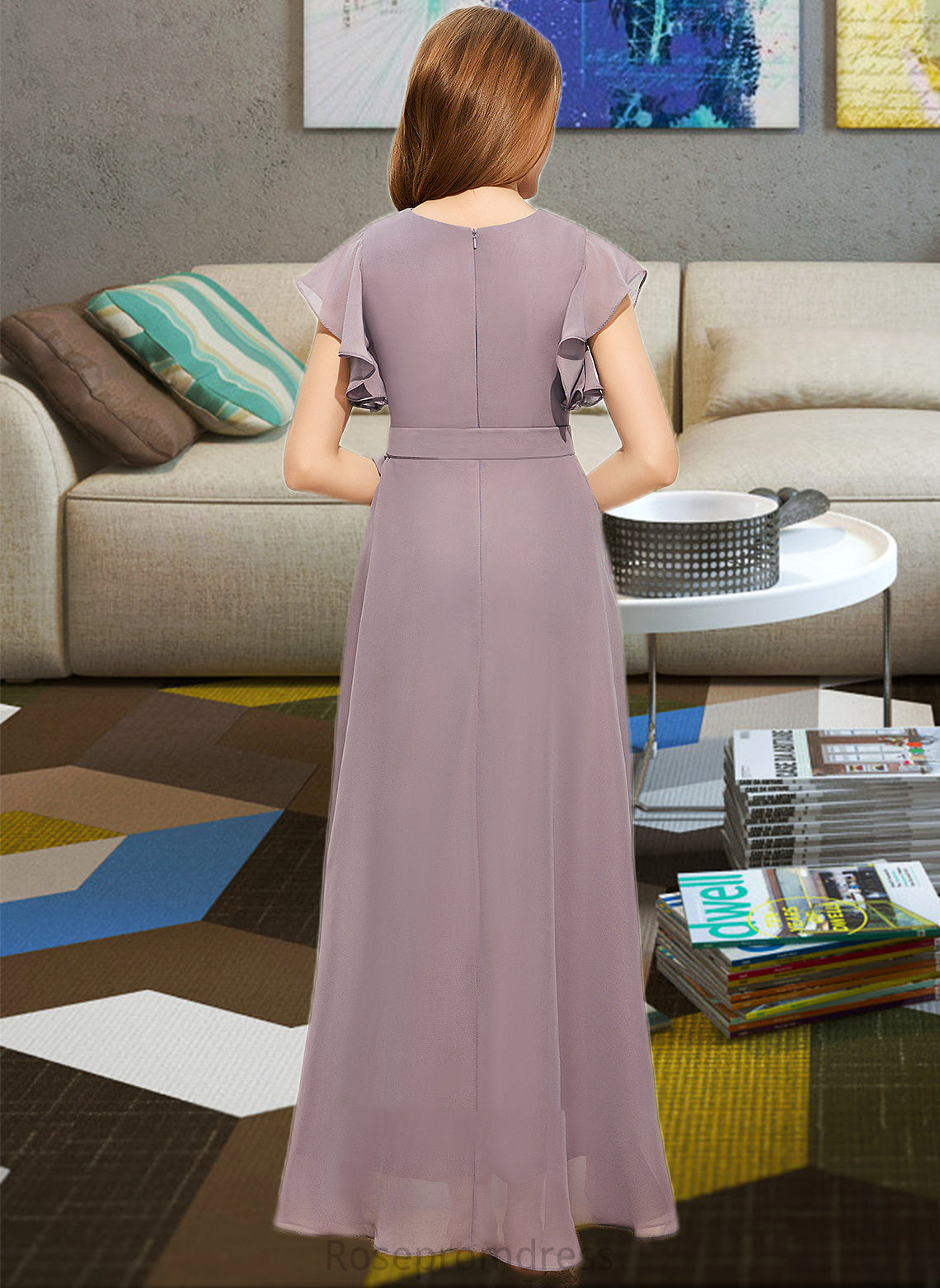 Halle A-Line V-neck Asymmetrical Chiffon Junior Bridesmaid Dress With Ruffle Bow(s) SRSP0013315