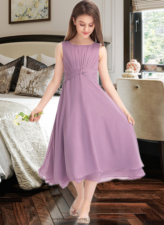Michaela A-Line Scoop Neck Tea-Length Chiffon Junior Bridesmaid Dress With Ruffle SRSP0013317