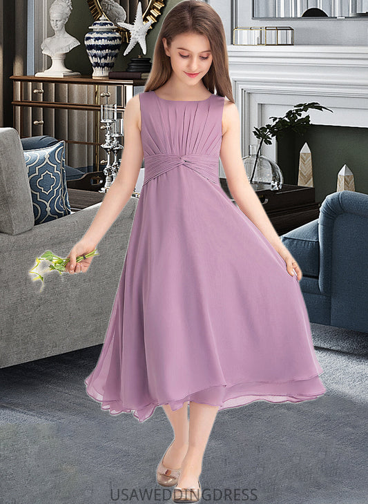 Annabella A-Line Scoop Neck Tea-Length Chiffon Junior Bridesmaid Dress With Ruffle DSP0013317