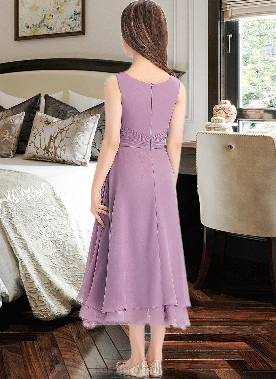 Michaela A-Line Scoop Neck Tea-Length Chiffon Junior Bridesmaid Dress With Ruffle SRSP0013317