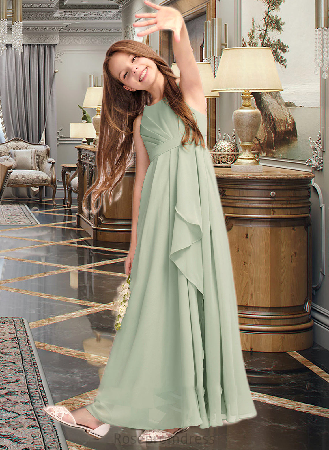Skylar A-Line Scoop Neck Floor-Length Chiffon Junior Bridesmaid Dress With Cascading Ruffles SRSP0013318
