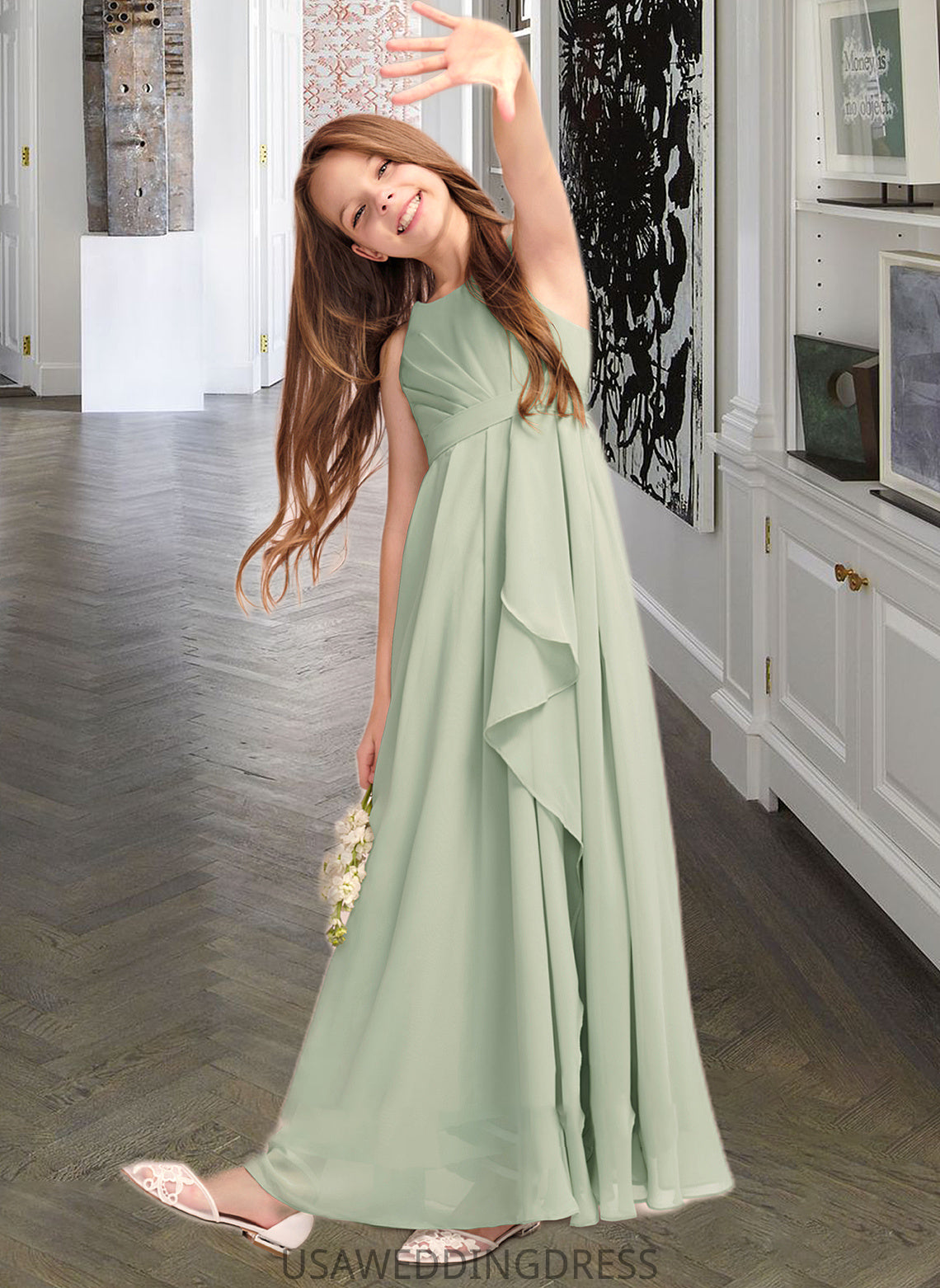 Danica A-Line Scoop Neck Floor-Length Chiffon Junior Bridesmaid Dress With Cascading Ruffles DSP0013318