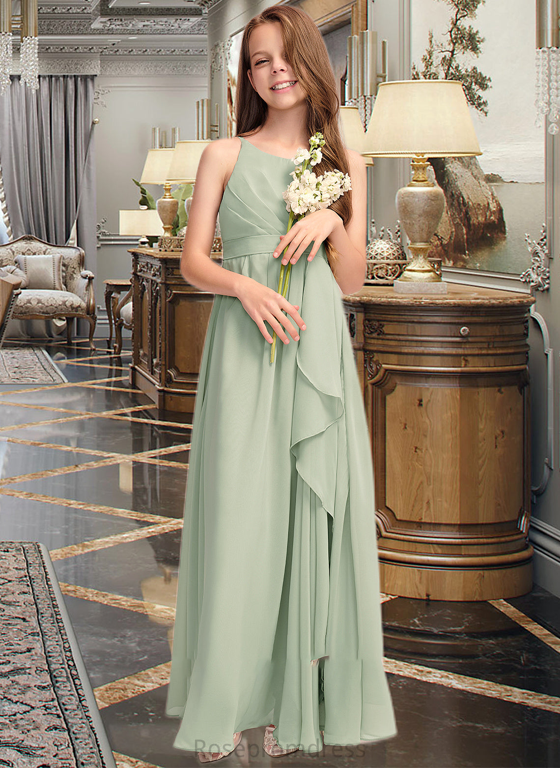Skylar A-Line Scoop Neck Floor-Length Chiffon Junior Bridesmaid Dress With Cascading Ruffles SRSP0013318