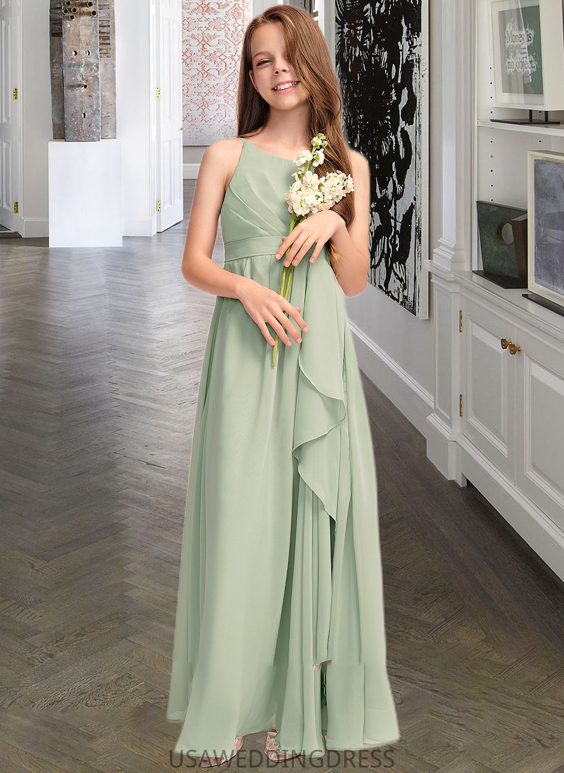 Danica A-Line Scoop Neck Floor-Length Chiffon Junior Bridesmaid Dress With Cascading Ruffles DSP0013318