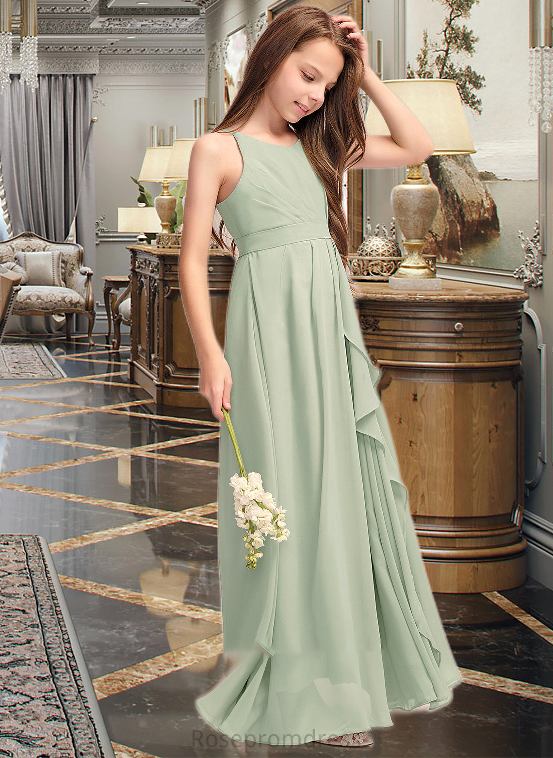 Skylar A-Line Scoop Neck Floor-Length Chiffon Junior Bridesmaid Dress With Cascading Ruffles SRSP0013318