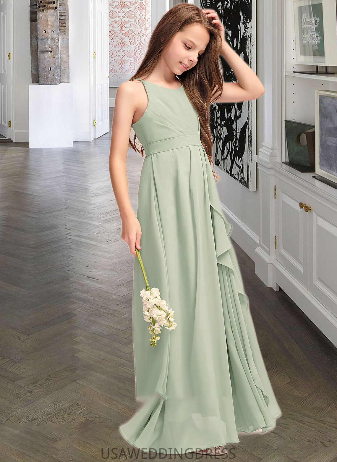 Danica A-Line Scoop Neck Floor-Length Chiffon Junior Bridesmaid Dress With Cascading Ruffles DSP0013318