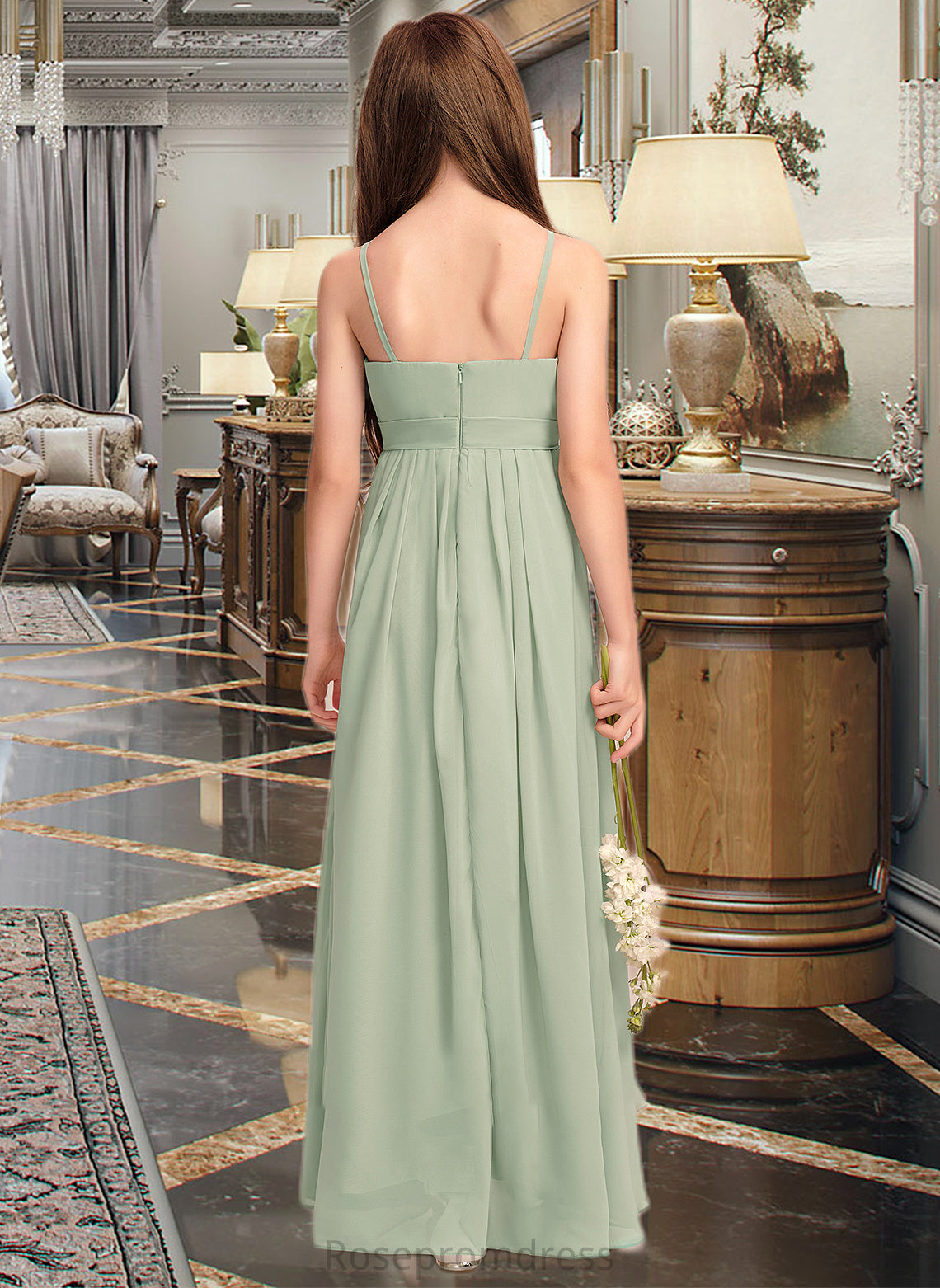 Skylar A-Line Scoop Neck Floor-Length Chiffon Junior Bridesmaid Dress With Cascading Ruffles SRSP0013318