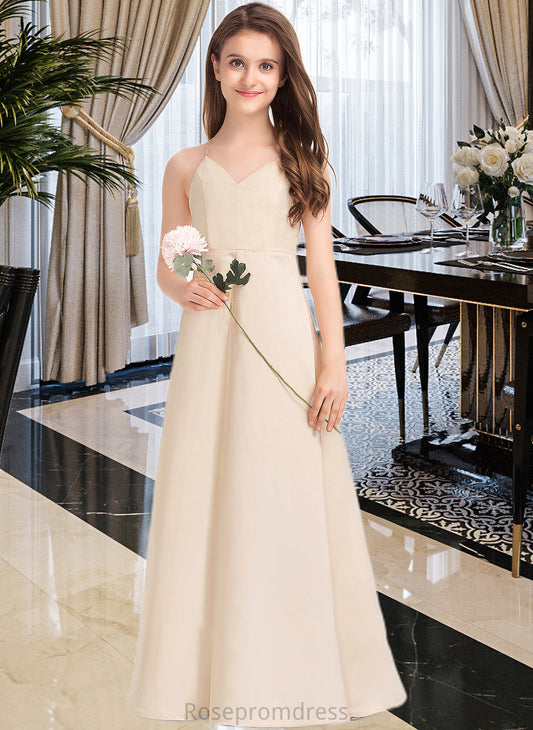 Elisa A-Line V-neck Floor-Length Satin Junior Bridesmaid Dress With Pockets SRSP0013319