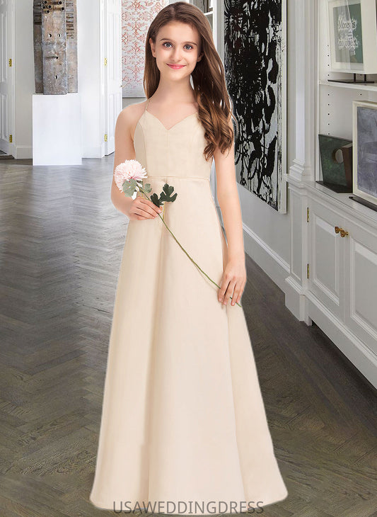 Jaylee A-Line V-neck Floor-Length Satin Junior Bridesmaid Dress With Pockets DSP0013319