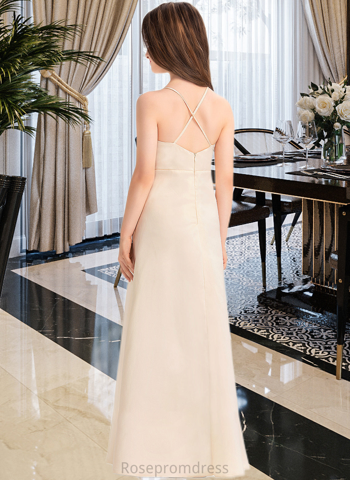 Elisa A-Line V-neck Floor-Length Satin Junior Bridesmaid Dress With Pockets SRSP0013319