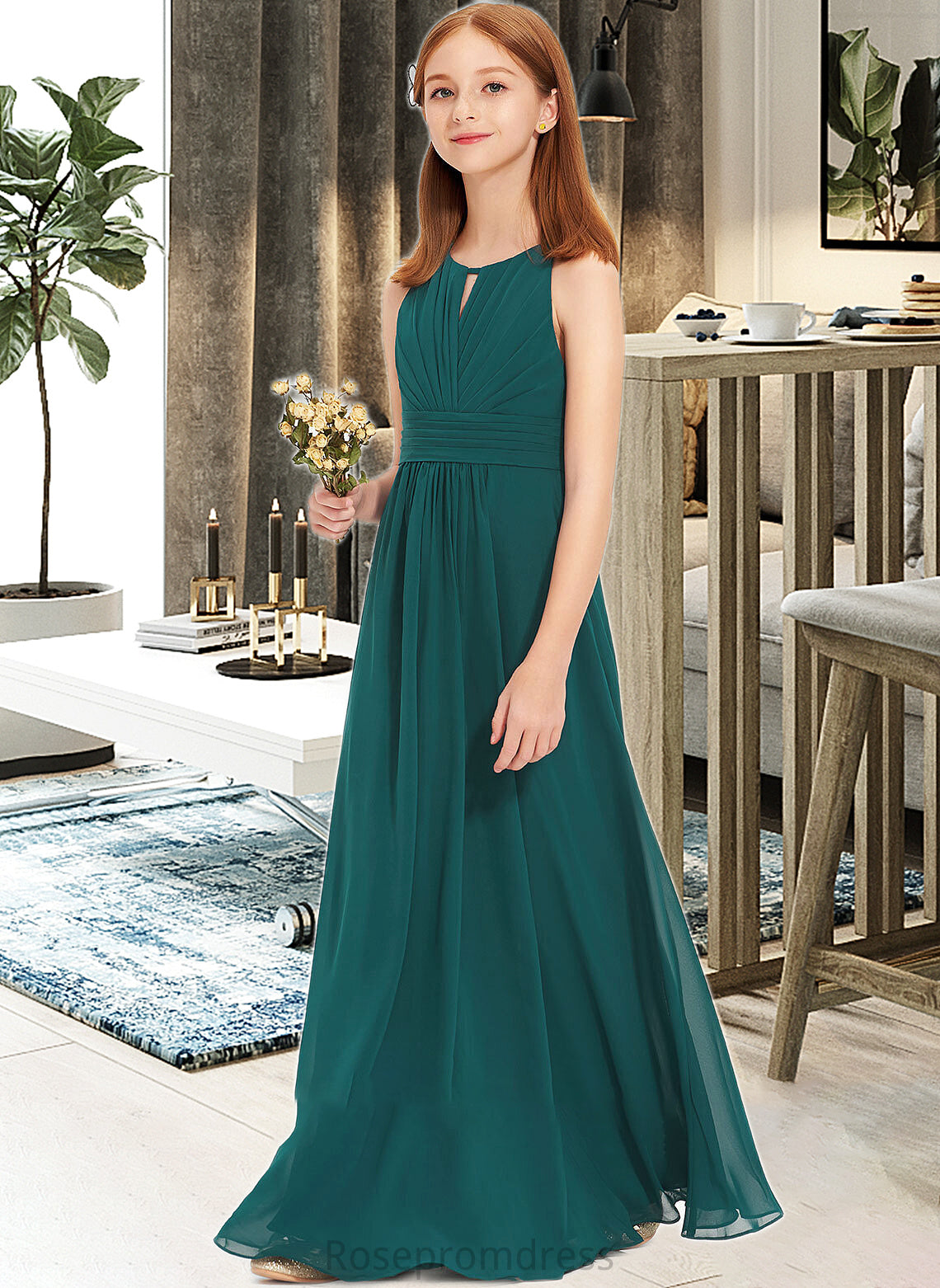 Maia A-Line Scoop Neck Floor-Length Chiffon Junior Bridesmaid Dress With Ruffle SRSP0013320