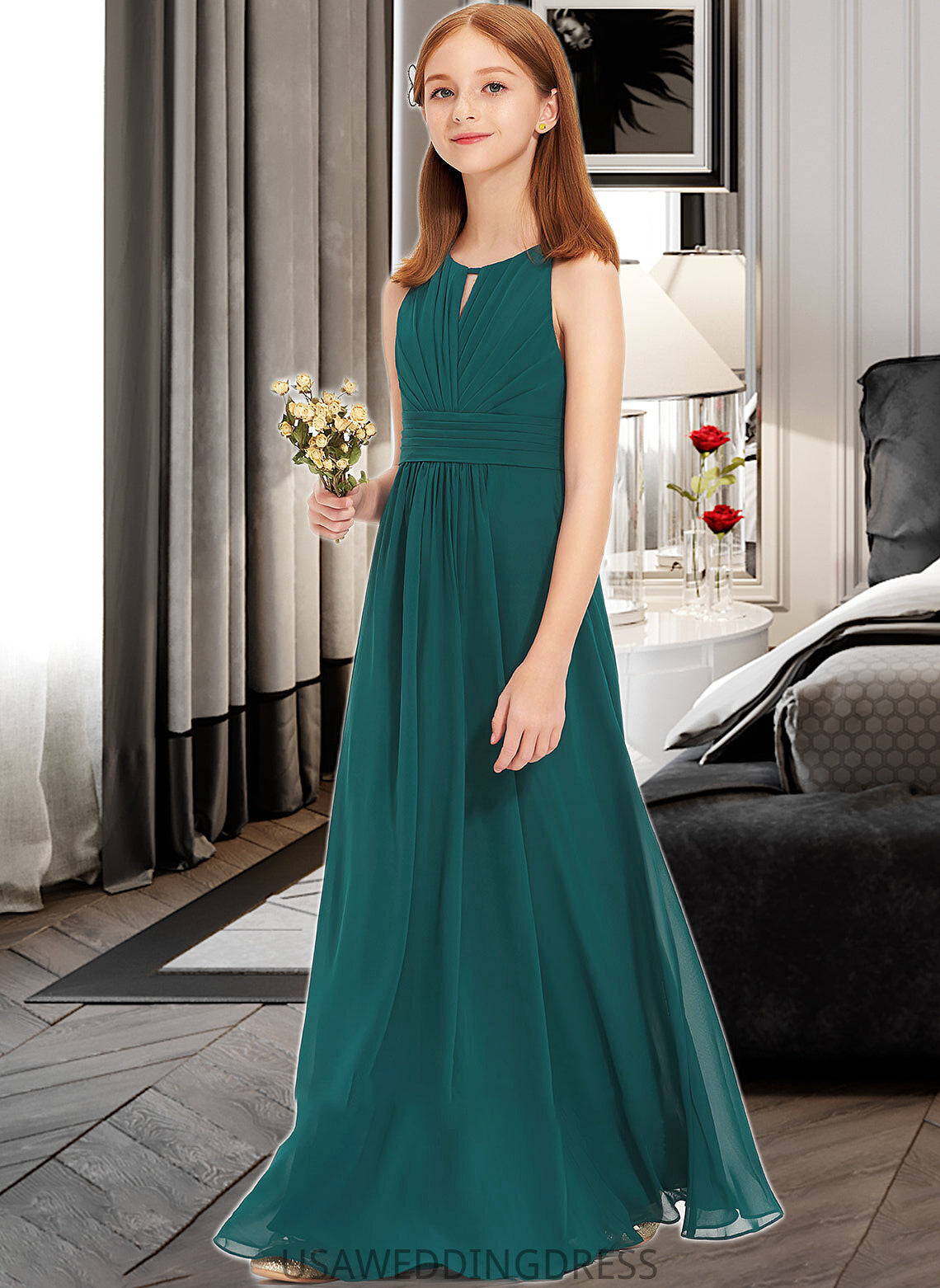 Anabelle A-Line Scoop Neck Floor-Length Chiffon Junior Bridesmaid Dress With Ruffle DSP0013320