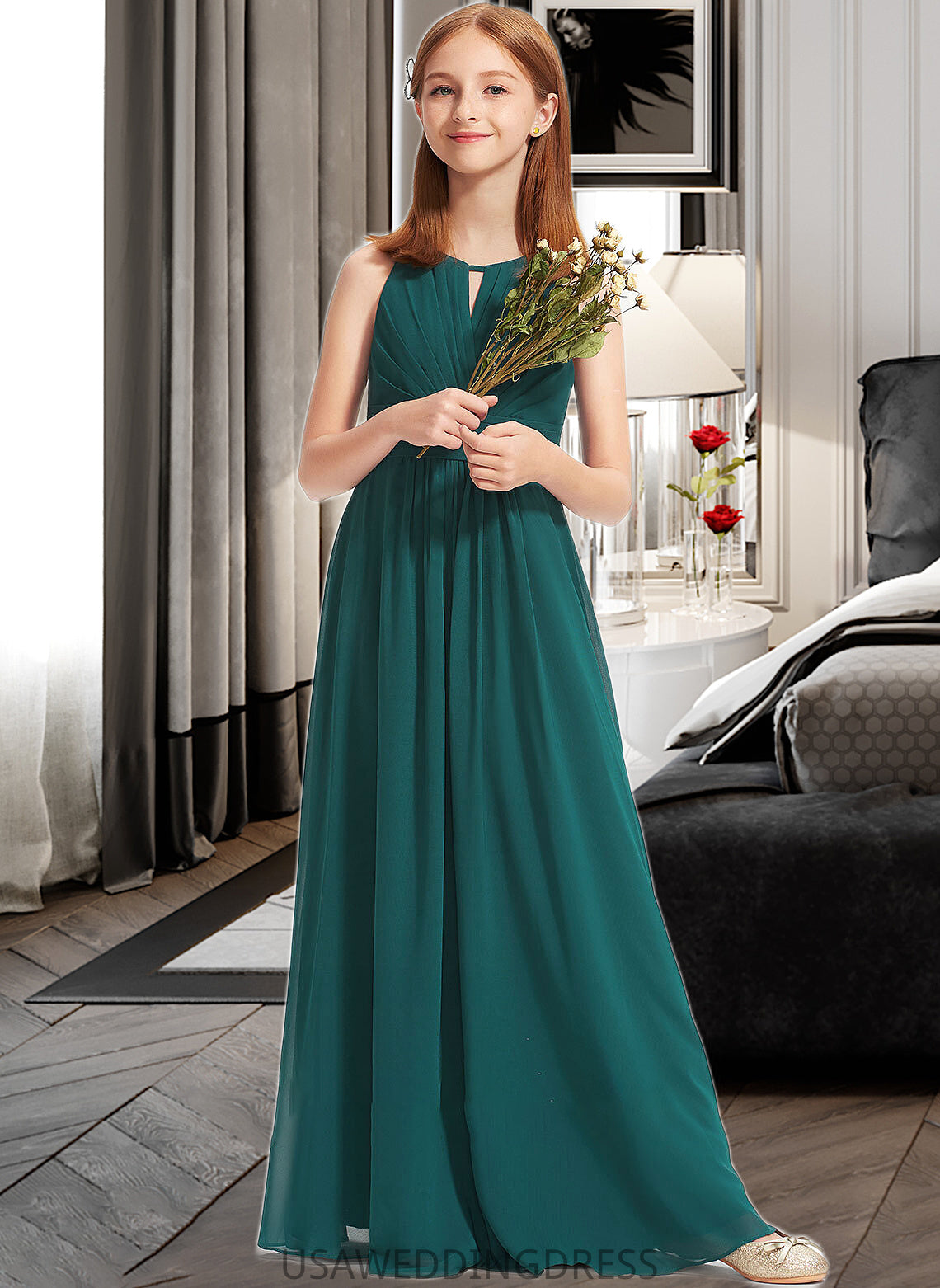 Anabelle A-Line Scoop Neck Floor-Length Chiffon Junior Bridesmaid Dress With Ruffle DSP0013320