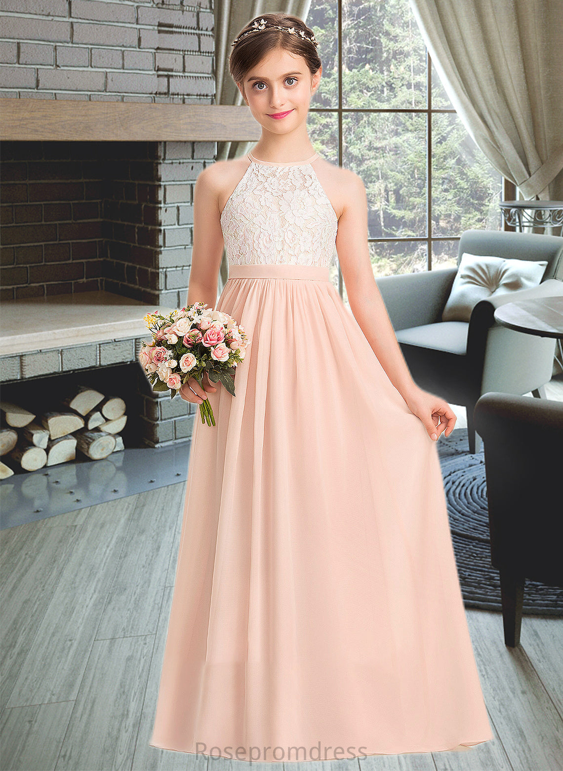 Vivienne A-Line Scoop Neck Floor-Length Chiffon Lace Junior Bridesmaid Dress SRSP0013321