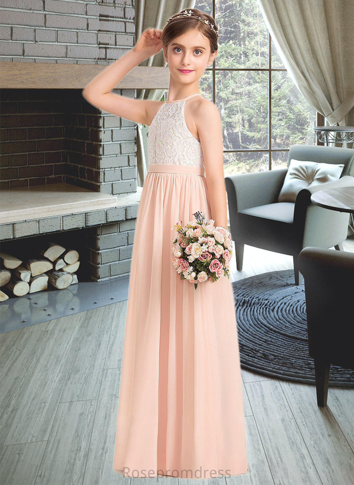 Vivienne A-Line Scoop Neck Floor-Length Chiffon Lace Junior Bridesmaid Dress SRSP0013321