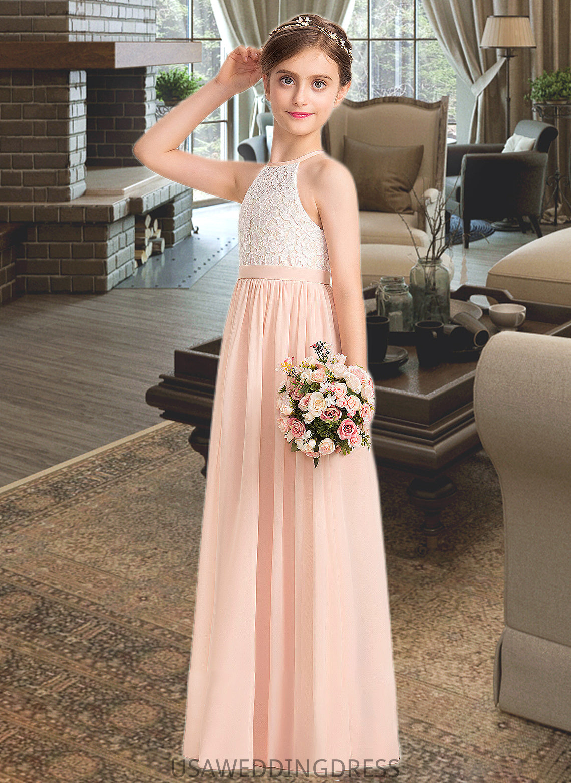 Undine A-Line Scoop Neck Floor-Length Chiffon Lace Junior Bridesmaid Dress DSP0013321