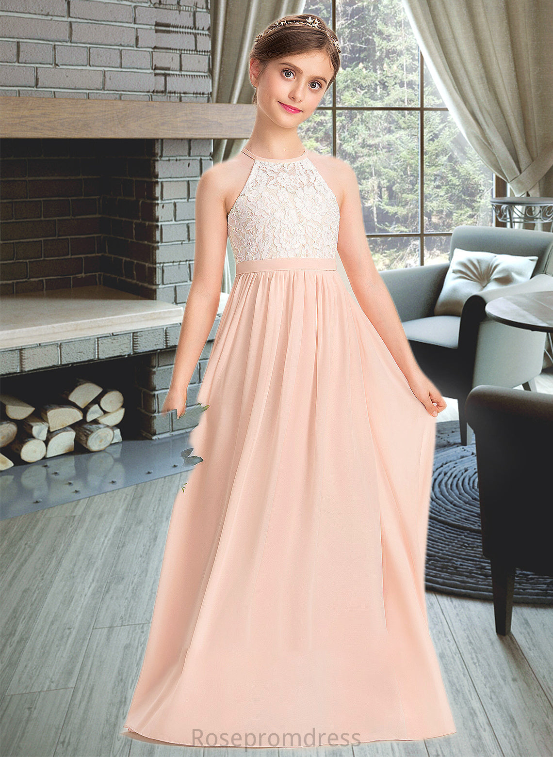 Vivienne A-Line Scoop Neck Floor-Length Chiffon Lace Junior Bridesmaid Dress SRSP0013321