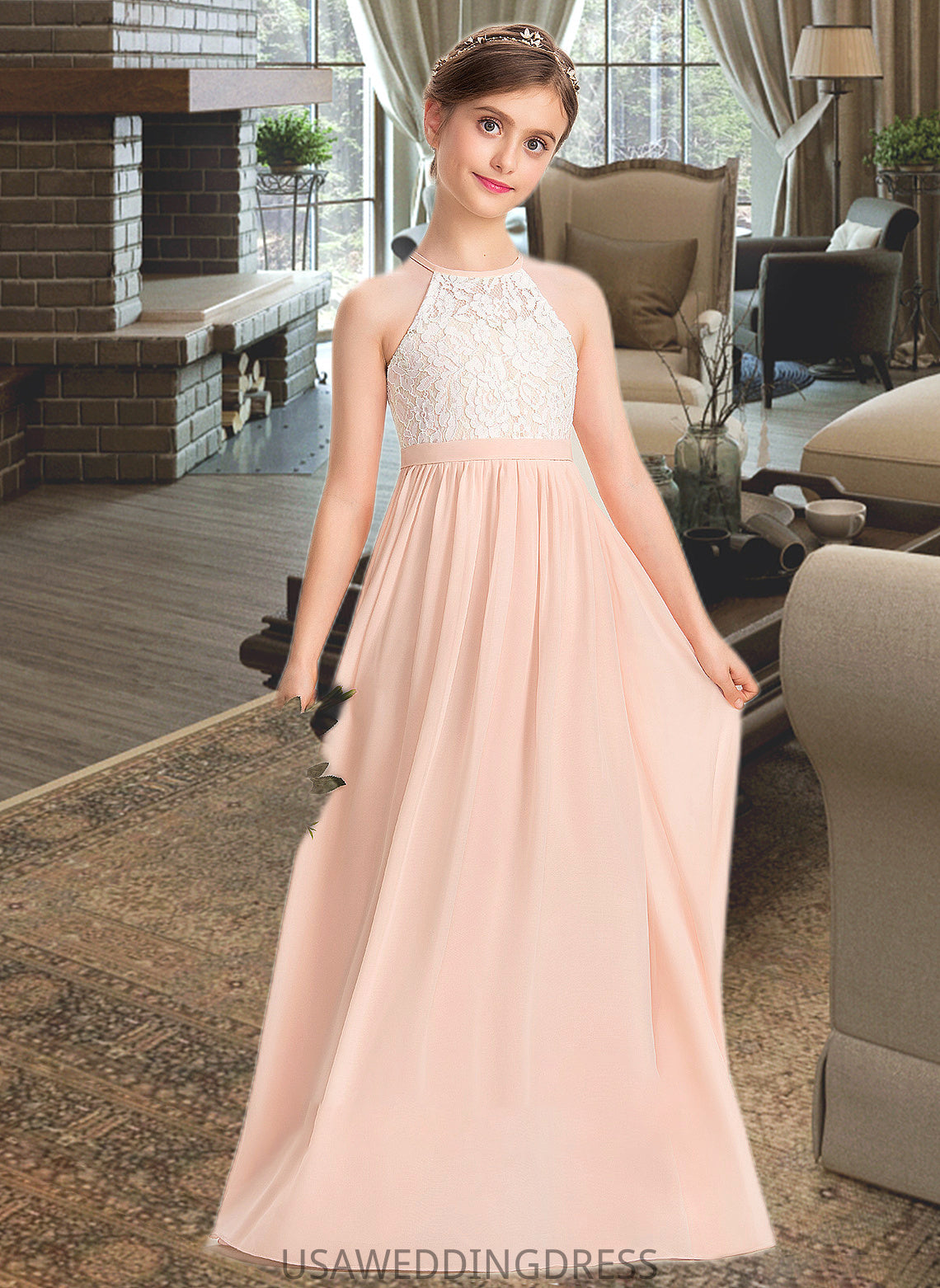 Undine A-Line Scoop Neck Floor-Length Chiffon Lace Junior Bridesmaid Dress DSP0013321
