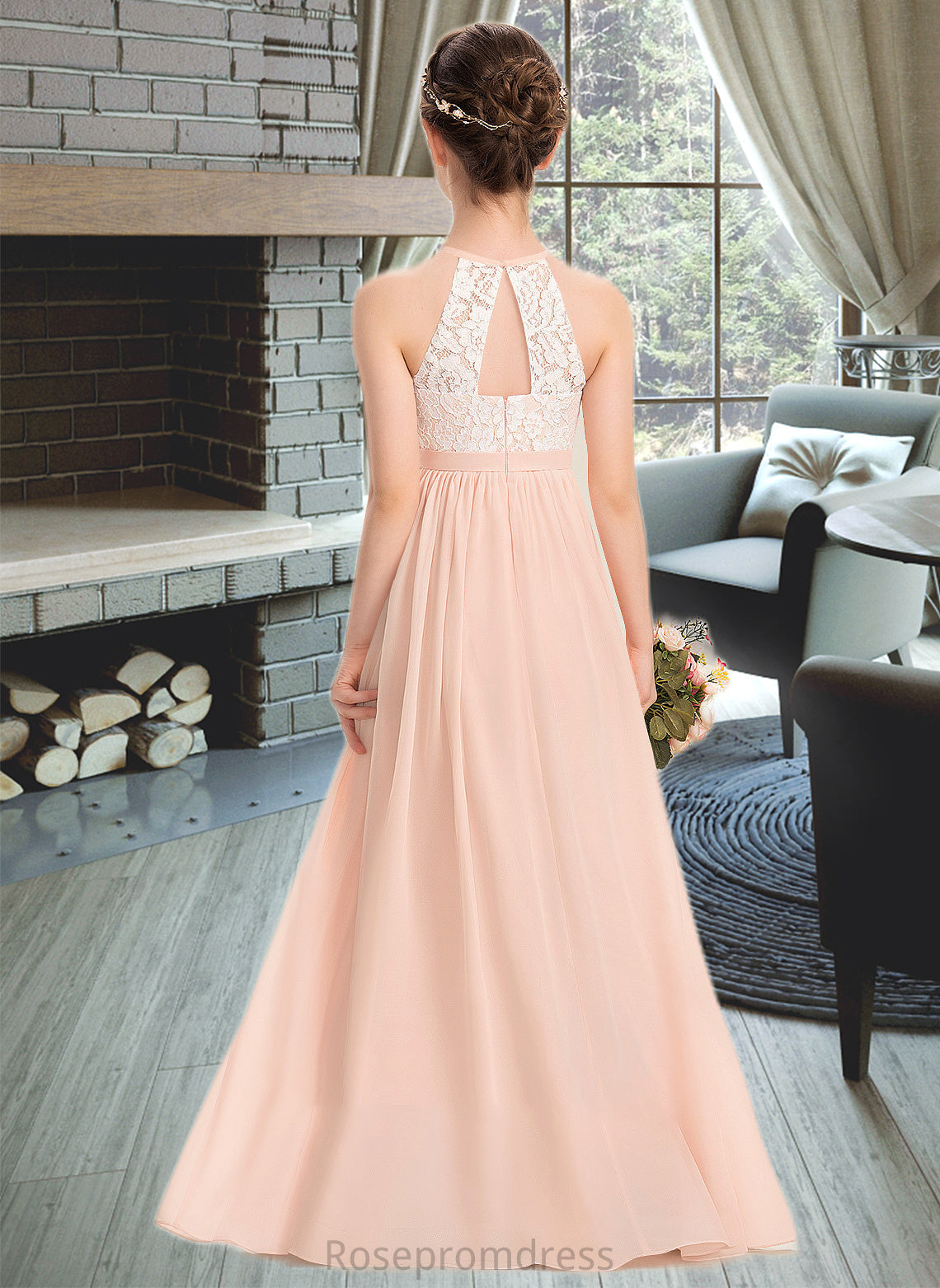 Vivienne A-Line Scoop Neck Floor-Length Chiffon Lace Junior Bridesmaid Dress SRSP0013321