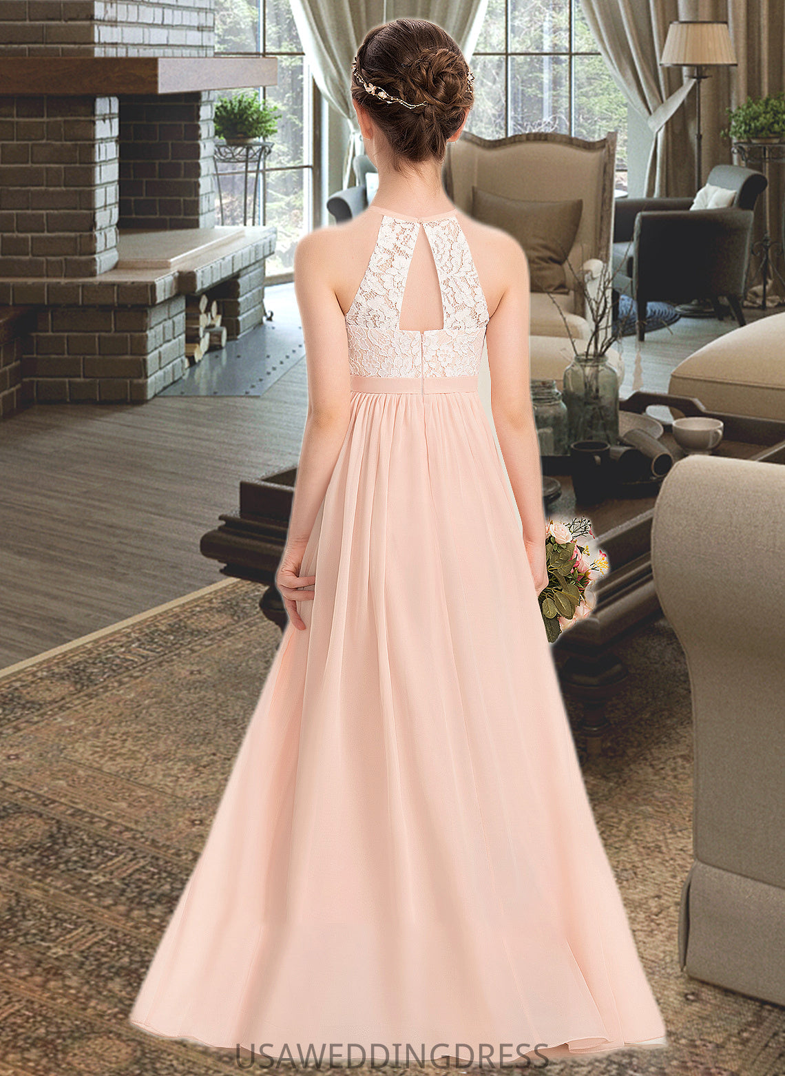 Undine A-Line Scoop Neck Floor-Length Chiffon Lace Junior Bridesmaid Dress DSP0013321