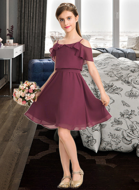 Susan A-Line Off-the-Shoulder Knee-Length Chiffon Junior Bridesmaid Dress With Bow(s) Cascading Ruffles DSP0013322