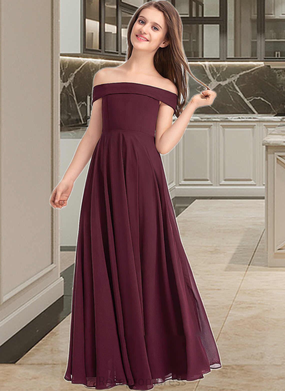 Tricia A-Line Off-the-Shoulder Floor-Length Chiffon Junior Bridesmaid Dress SRSP0013323