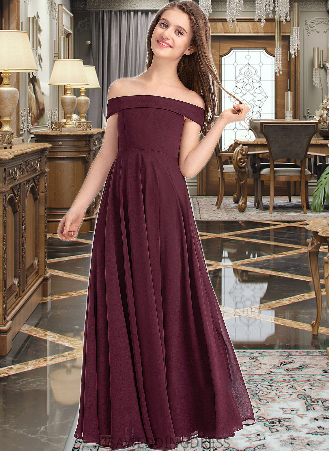 Jennifer A-Line Off-the-Shoulder Floor-Length Chiffon Junior Bridesmaid Dress DSP0013323