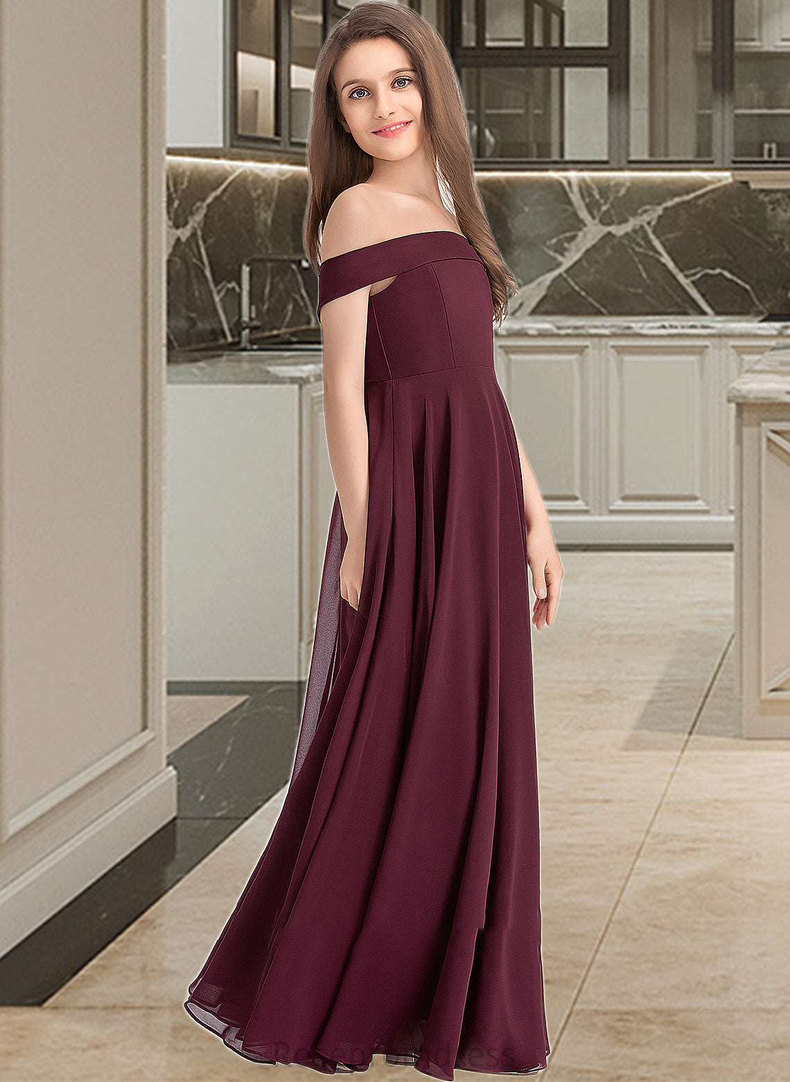 Tricia A-Line Off-the-Shoulder Floor-Length Chiffon Junior Bridesmaid Dress SRSP0013323