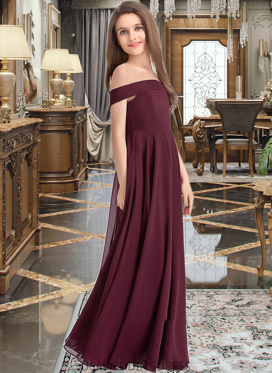 Jennifer A-Line Off-the-Shoulder Floor-Length Chiffon Junior Bridesmaid Dress DSP0013323