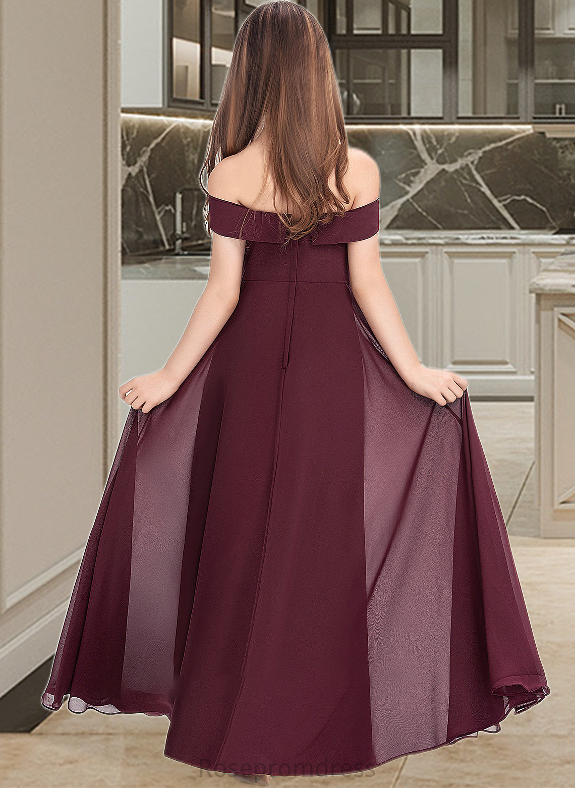 Tricia A-Line Off-the-Shoulder Floor-Length Chiffon Junior Bridesmaid Dress SRSP0013323