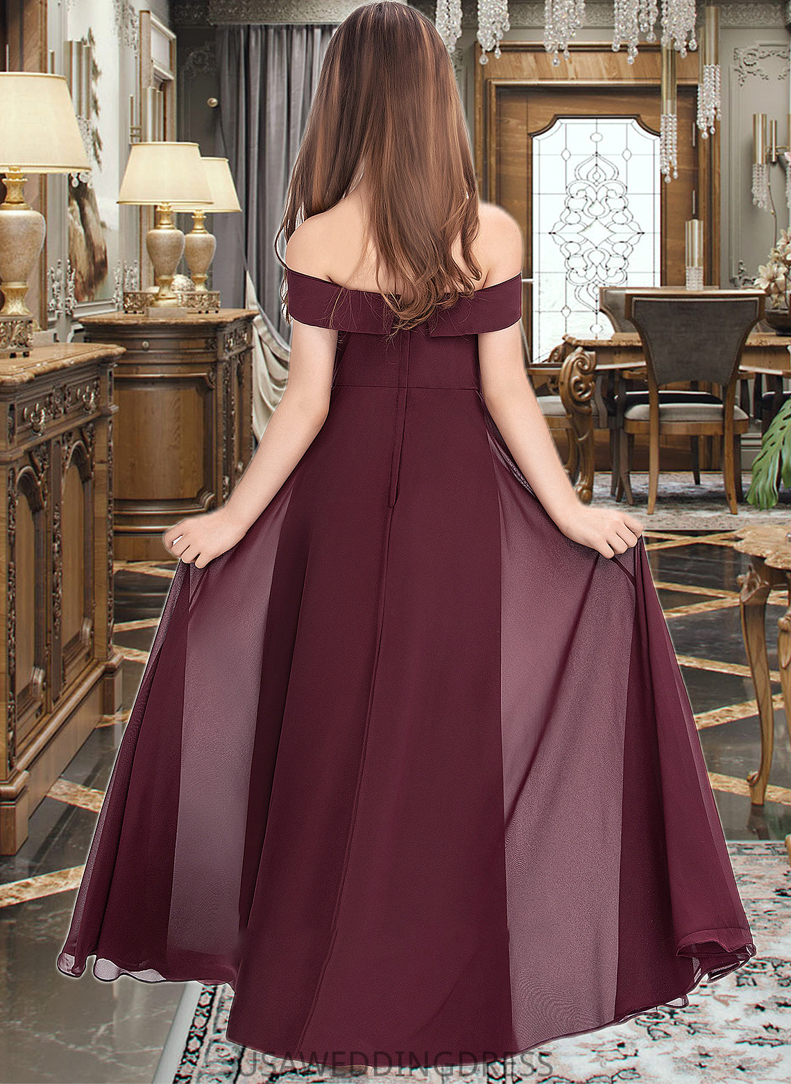 Jennifer A-Line Off-the-Shoulder Floor-Length Chiffon Junior Bridesmaid Dress DSP0013323