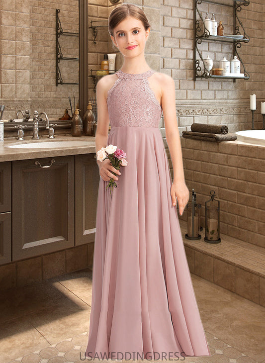 Christine A-Line Scoop Neck Floor-Length Chiffon Lace Junior Bridesmaid Dress DSP0013324