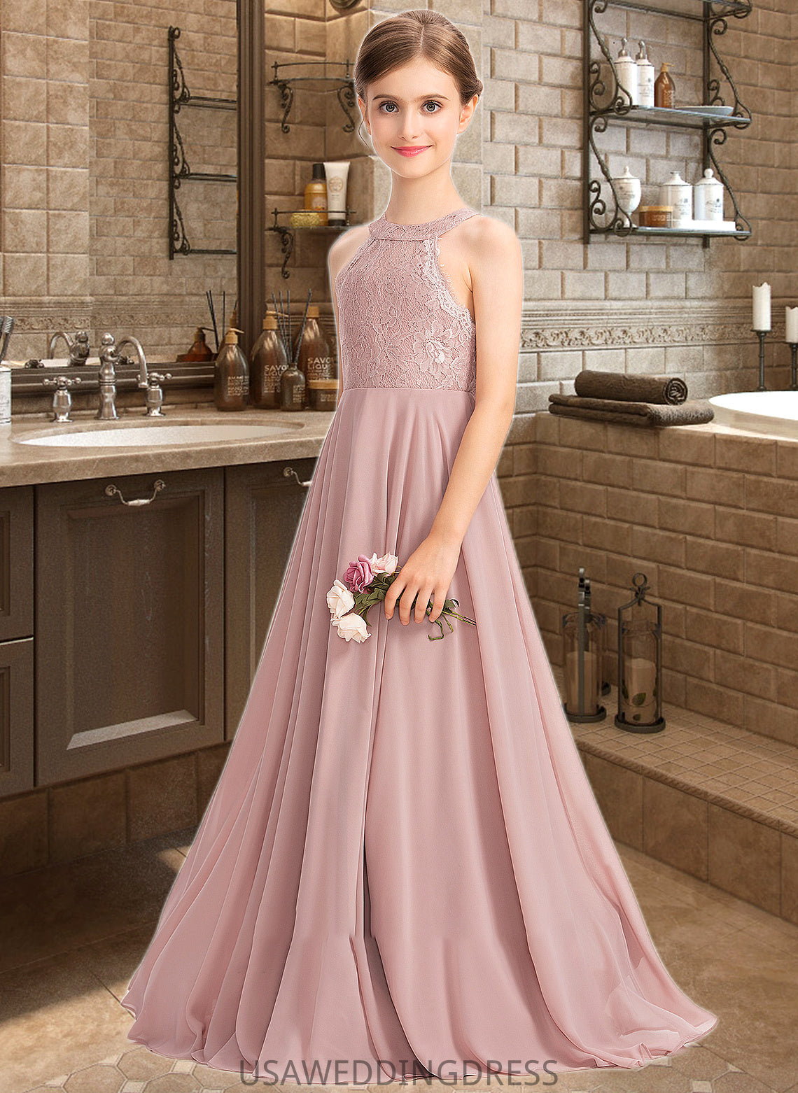 Christine A-Line Scoop Neck Floor-Length Chiffon Lace Junior Bridesmaid Dress DSP0013324