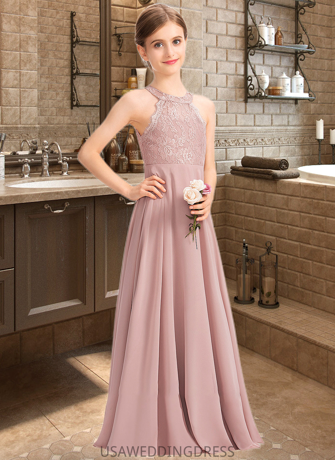 Christine A-Line Scoop Neck Floor-Length Chiffon Lace Junior Bridesmaid Dress DSP0013324