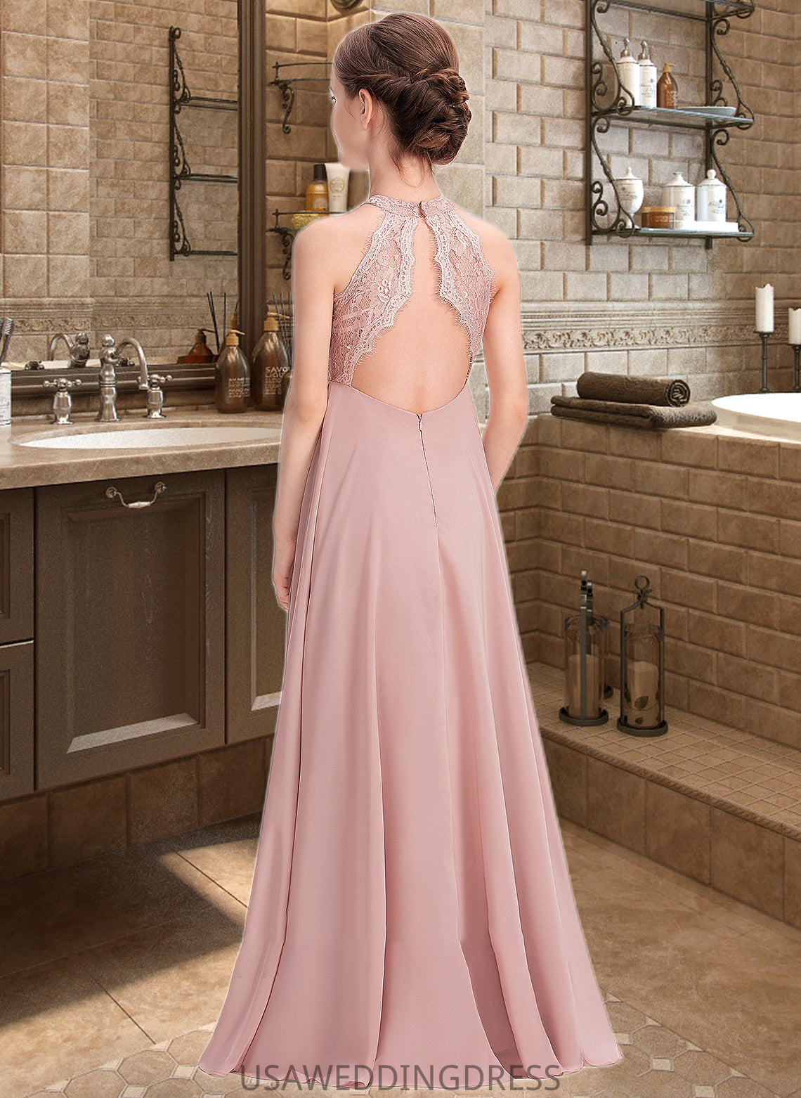 Christine A-Line Scoop Neck Floor-Length Chiffon Lace Junior Bridesmaid Dress DSP0013324